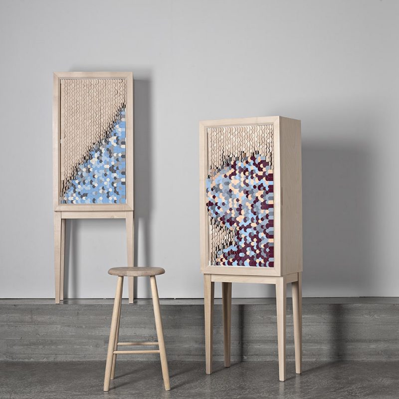 Dear disaster contemporary cabinet with colored movable wooden scales design by Stoft